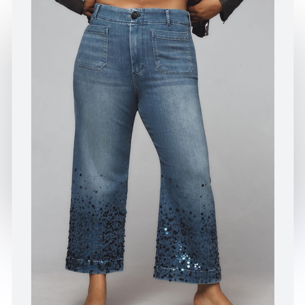 Colette Cropped High-Rise Wide-Leg Jeans Sequin Sparkle Edition (medium blue)
